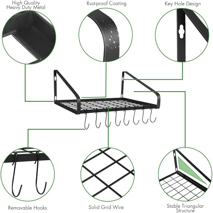 Hanging Pots & Pans Rack,Wall Mounted Pots Pans Organizer Holder Rack with 8 Hooks, Kitchen Wall Storage Organizer Hanger Shelves for Pans Set, Utensils, Cookware, Books, Household,Black