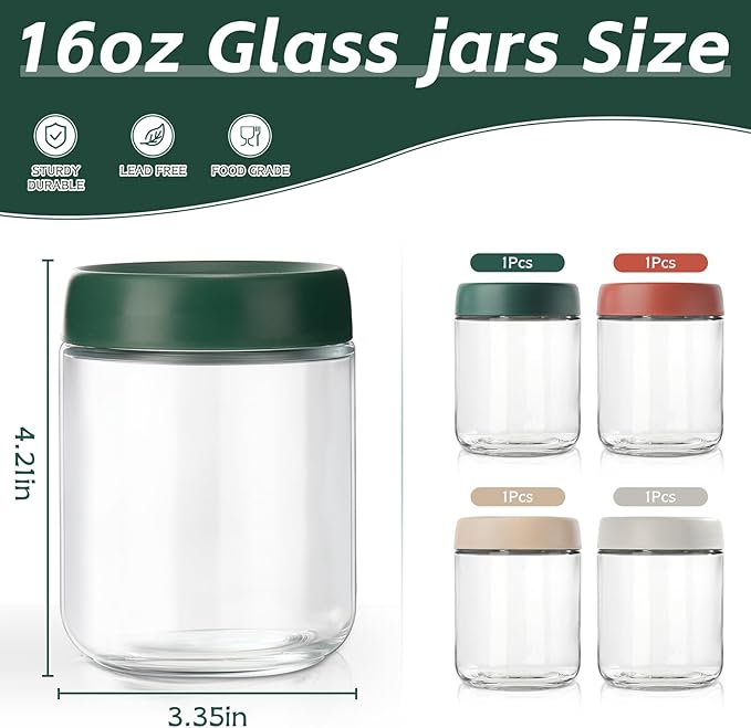 DIMBRAH Overnight Oats Containers with Lids, Mason Jars 16 oz with Lids - Set Of 4, Glass Jar with Lid, Practical Oatmeal Container to Go, Chia Seed Pudding Jars