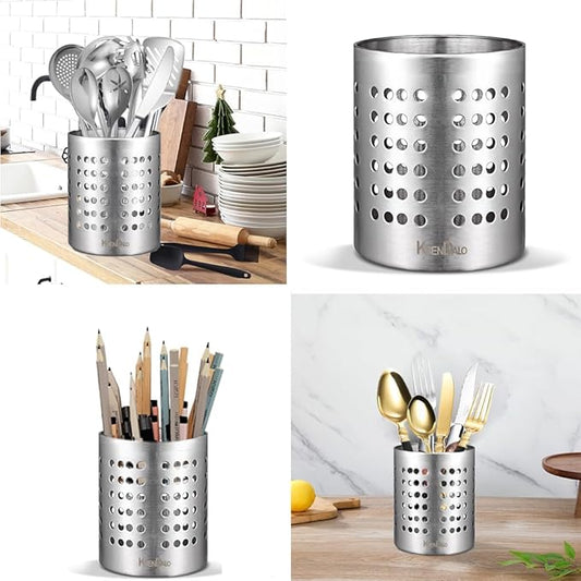 KSENDALO Small Stainless Steel Utensil Holder, SUS304 Silverware Utensil Drying Rack, Utility Sturdy Home Kitchen Daily Use Utensil Drainer for Countertop, Silver (5.32inch Tall)