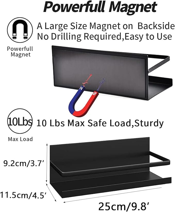 2 Pack Magnetic Spice Rack for Refrigerator,Heave Duty Magnetic Shelf For Kitchen,Magnet Book Shelf For Whiteboard,Space Container,Drill free (Black)