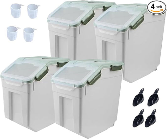 YXQ 25LB Large Flour Storage Container Bin,Green Airtight Plastic with Wheels Seal Locking Lid Dispenser Organizer Storage Bin with Measuring Cup & Scoop for Flour, Rice, Grain，Set of 4