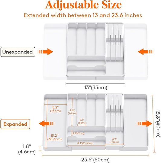 Lifewit Silverware Organizer for Kitchen Drawers, Expandable Utensil Tray with Removable Knife Block, Adjustable Cutlery and Flatware Holder, Plastic Spoon Forks Holder Storage Divider, Large, White