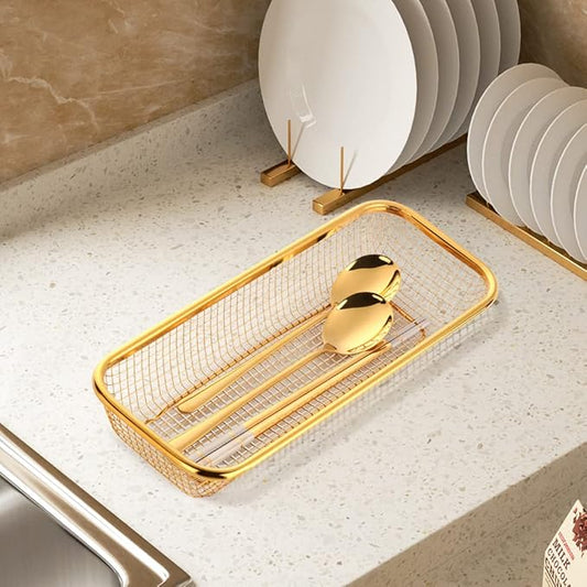 Kitchen Drawer Organizer, BuyGo Stainless Steel Storage Container Gold Metal Cabinet Storage Basket for Holding Silverware Kitchen Utensil, Pack of 2