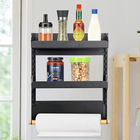 Magnetic Spice Rack, Magnetic Shelf with Paper Towel Holder 2 Tier Kitchen Refrigerator Storage Rack Fridge Magnet Organizer