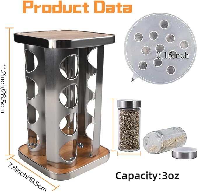 Revolving Countertop Spice Rack, 16 Jars Stainless Steel Rotating Seasoning Storage Organizer for Cabinet, Spice Carousel Tower for Kitchen