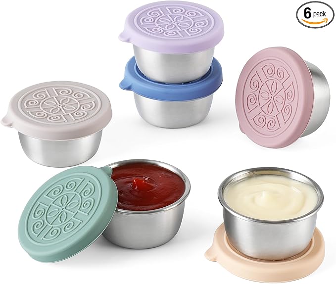 [6 Pack] Salad Dressing To Go Containers, 1.6 oz Small Stainless Steel Sauce Cups With Leakproof Silicone Lids, For Lunch Boxes, Picnics and Travel