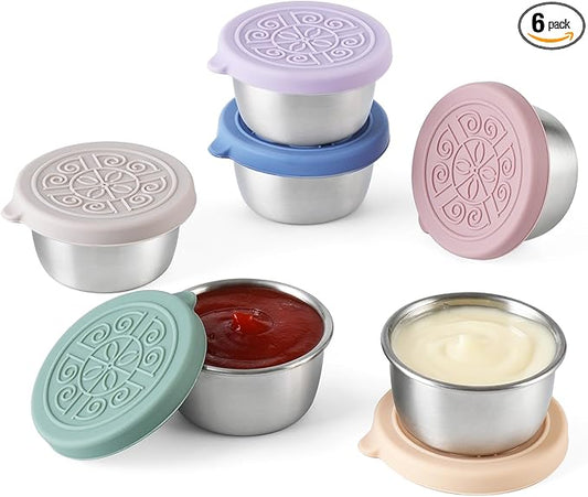[6 Pack] Salad Dressing To Go Containers, 1.6 oz Small Stainless Steel Sauce Cups With Leakproof Silicone Lids, For Lunch Boxes, Picnics and Travel