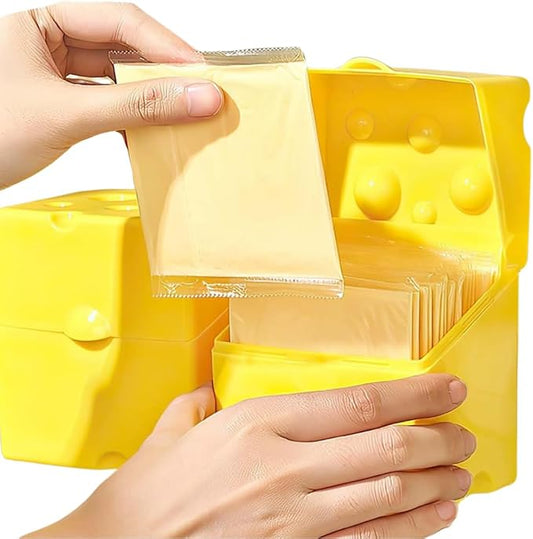 Cheese Container for Refrigerator, Sliced Cheese Container - BPA Free Plastic, Yellow, 3.7x3.7x3.7 inches, Holds 20-26 Slices, Playful Cow Design