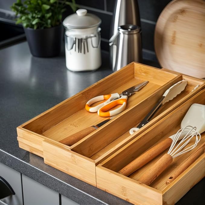 Bamboo Expandable Drawer Organizer for Utensils,16" Utensil Holder and Cutlery Tray.