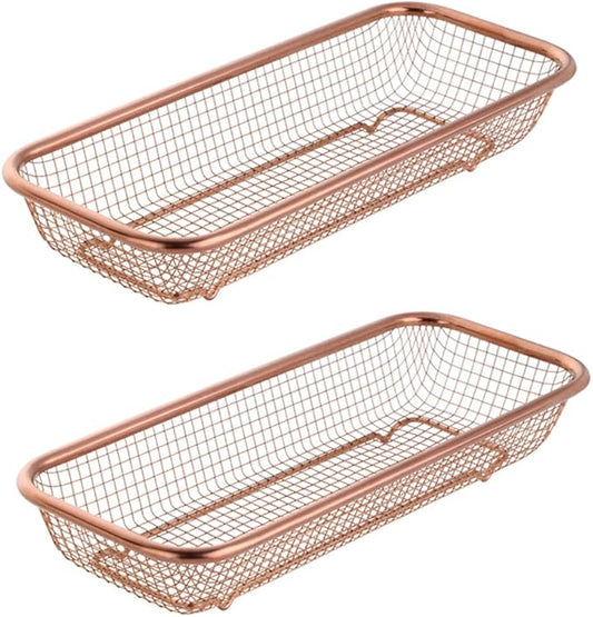 Kitchen Drawer Organizer, Stainless Steel Storage Container Rose Gold Metal Cabinet Storage Basket for Holding Silverware Kitchen Utensil, Pack of 2