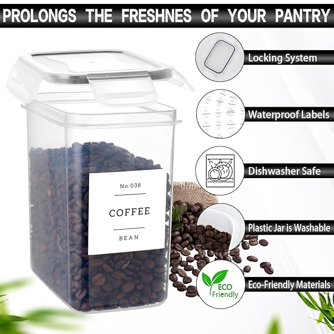 6 Pcs Airtight Flour and Sugar Containers with 132 Kitchen Pantry Labels Preprinted - Stackable Plastic Cereal Storage Canisters with Lids