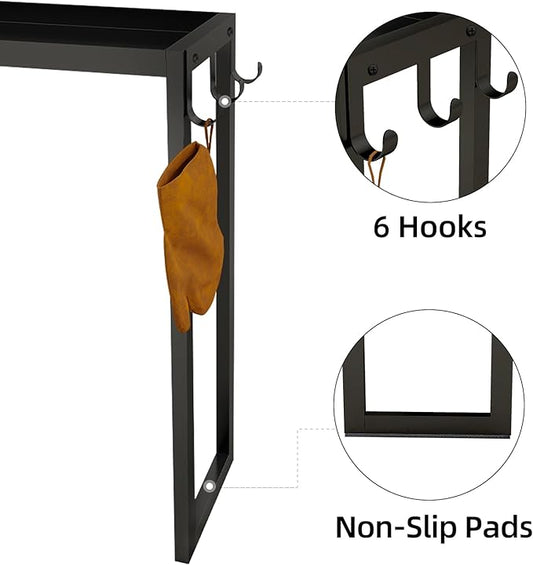 Over the Stove Shelf, 31.5" Stove Top Shelf Spice Rack, Kitchen Countertop Organizer with 6 Hooks, Seasoning Organizer, Black