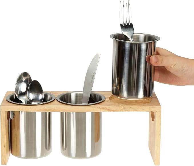 ZOOFOX 3 Pack Silverware Holder, Stainless Steel Utensil Organizer with Wood Base, Flatware Caddy for Spoons, Knives and Forks, Great for Kitchen Table, Cabinet, Pantry