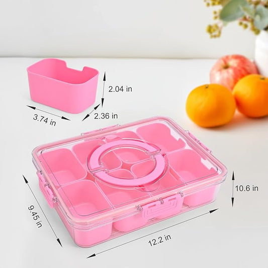 Snackle Box Container, 8 Compartment Divided Serving Tray with Lid and Handle, Snack Box Container for Candy, Fruit and Snacks, Great for Gatherings, Outings, Parties and Entertaining（Pink）