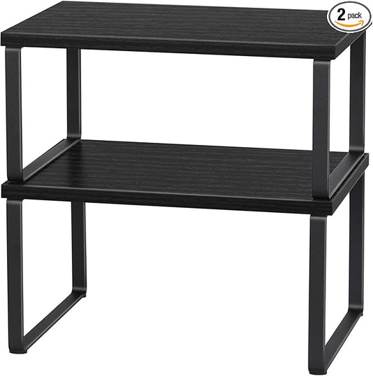 CADUKE Counter Shelf Organizer Set of 2, Wood Kitchen Cabinet Shelves, Expandable Cabinet Organizer, Stackable Countertop Storage Rack for Bathroom Pantry, Black
