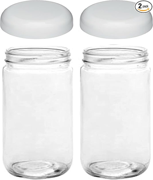 Jarming Collections Mason Jars - 32 Oz Extra Wide Mouth Glass Jars with Lids - Quart Containers - Made in USA (2 White Dome Plastic Lids)
