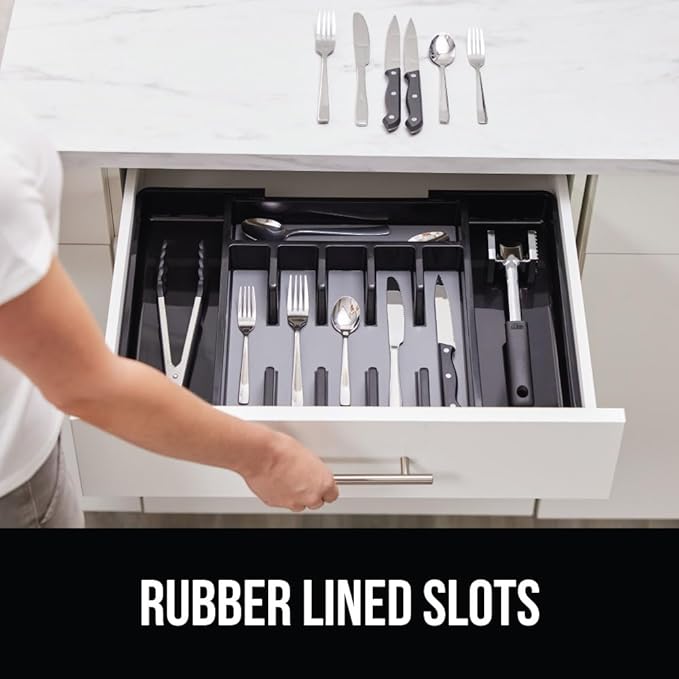 GORILLA GRIP Expandable Rubber Lined Silverware Organizer for Kitchen Drawers, Grip Feet to Stay in Place, Utensil Drawer Tray, Maximize Flatware Storage, BPA-Free Adjustable Cutlery Holder, Black
