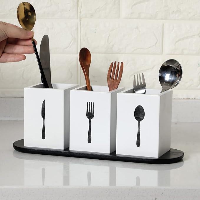 Kathfly 4 Pcs Silverware Caddy Utensil Holder for Countertop Silverware Organizer with Wood Tray Spoon Fork Holder 3. 15 x 3. 15 x 4. 53 Inches of Each Organizer for Kitchen Parties(White)
