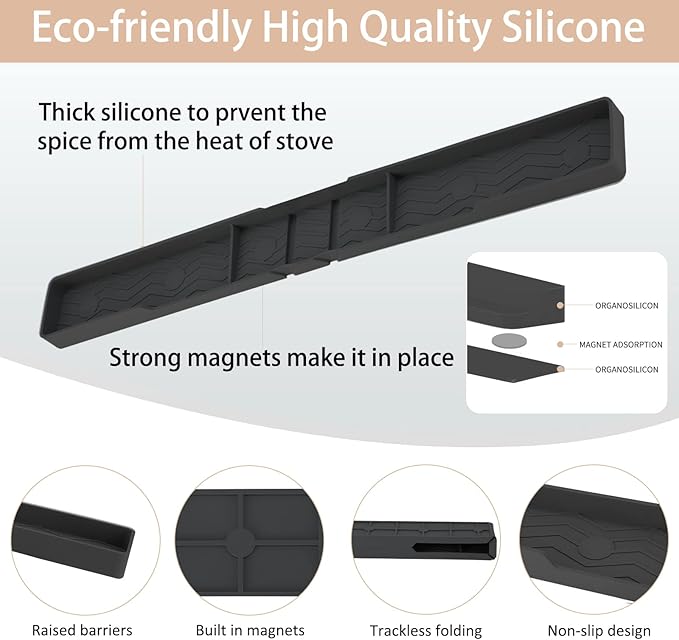 Silicone Stove Top Shelf 30" Magnetic Spice Rack Organizer Over The Stove Top for Kitchen for Curved Stove Oven Top Spice Rack Heat Insulation Non-slip (Black)