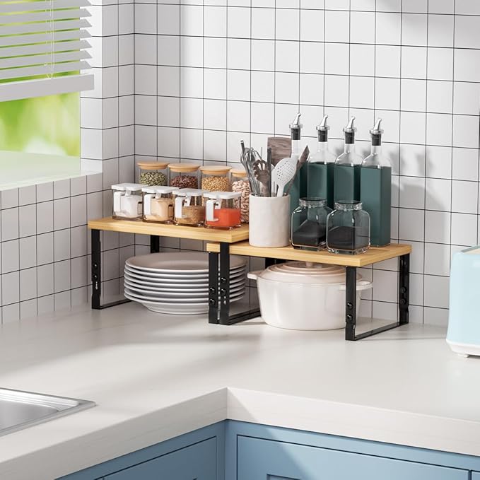 Cabinet Organizer Shelf, Spice Rack, Adjustable Height, Stackable and Nesting Shelves,Metal and Solid Wood, for Multiple scenarios in The Kitchen, Office or Closet (Black)