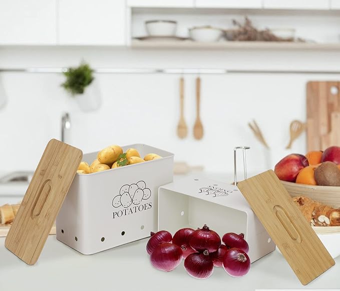 Potato Onion Kitchen Storage Canisters,Storage Bin For Kitchen 2 Pack Set,potatoe, Potato Storage Box，storage And Long Shelf Life With Aerating Tin Storage Holes-white