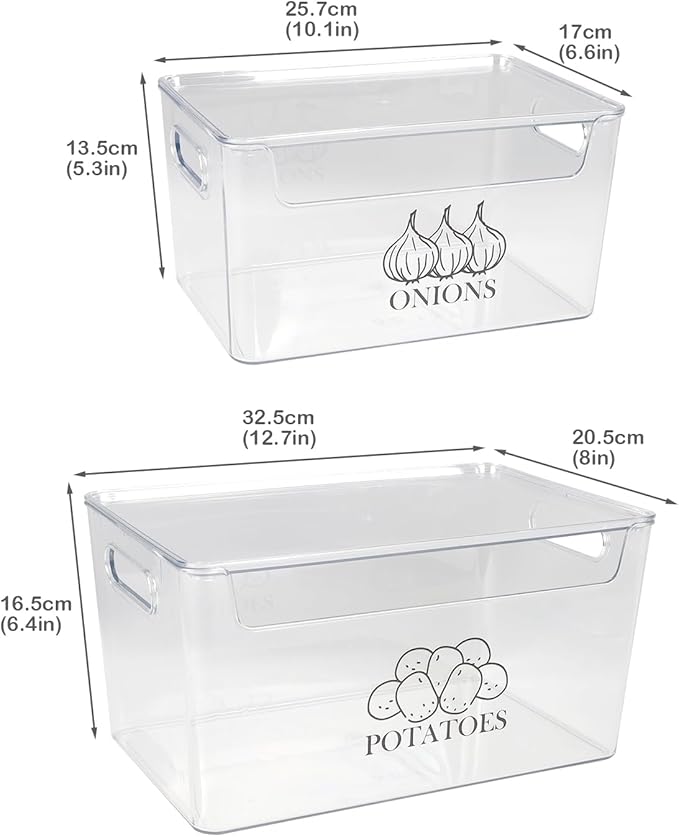 2 Pack Potato and Onion Storage Bins with Lid, Dustproof and Stackable Organizer for Kitchen, Transparent Vegetable Containers, Multi-Functional Pantry and Fridge Baskets,Food Storage Potato Box Clear