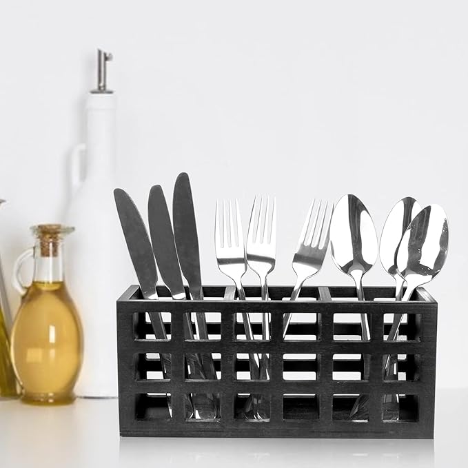 Farmhouse Wooden Silverware Utensil Caddy Cutlery Holder Utensil Holder Organizer for Kitchen Countertop Party Table Fork and Spoon Holders Storage Wood Silverware Basket Picnic Flatware Caddy