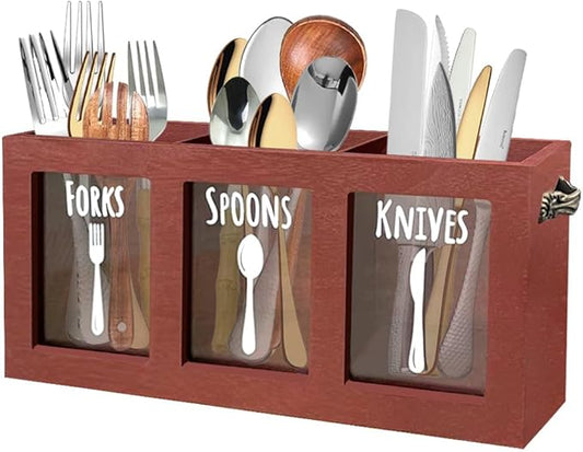 Wooden Utensil Caddy, Kitchen Silverware Caddy Countertop, Spoon And Fork Holder With Handles, Farmhouse Flatware Cutlery Holder, Rustic Silverware Organizer For Party(Brown)