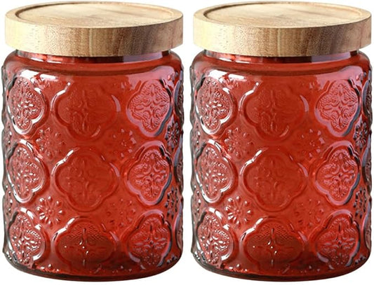 Vintage Glass Jar with Lid,Cookie Candy Jar Coffee Canister Food Storage Containers Storage Jar Set for Kitchen Office (Red birchapple flowers - acacia)