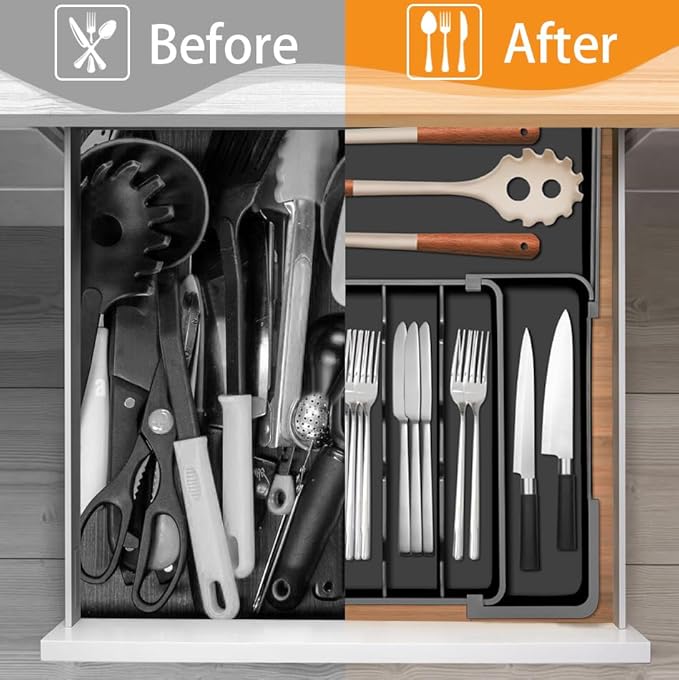 Homecor Silverware Organizer Expandable Kitchen Drawer Organizer with 7 Slots, Adjustable Cutlery Utensil Drawer Organizer, Kitchen Utensil Storage Tray for Forks Knives Spoons, Anti-Slip, Black