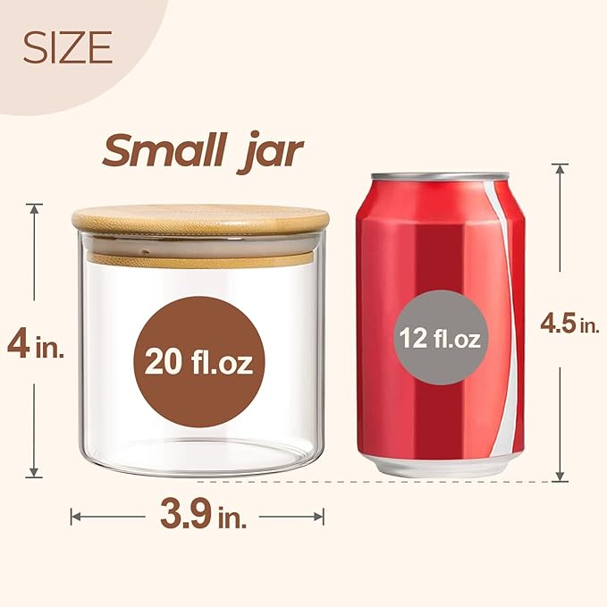 ComSaf Airtight Glass Food Storage Jars Set of 6, 20oz Clear Glass Food Storage Container with Sealing Wooden Lid, Stackable Spice Jar, Round Kitchen Canister for Sugar, Tea, Coffee bean, Pasta, Oat