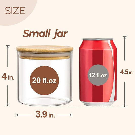 ComSaf Airtight Glass Food Storage Jars Set of 6, 20oz Clear Glass Food Storage Container with Sealing Wooden Lid, Stackable Spice Jar, Round Kitchen Canister for Sugar, Tea, Coffee bean, Pasta, Oat