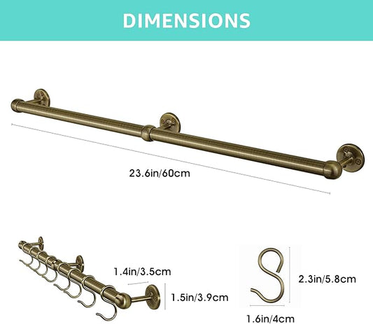 ROTHLEY Stainless Steel Hanging Pot Rack Hanger: 23.7 Inch Pot and Pan Hanger Wall Mounted Hanging Pot Bar Rack Heavy Duty Pot Hangers Kitchen Rail with 8 S Hooks (Antique Brass)