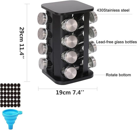 Spice Rack, Spice Rack Organizers for Countertop, Rotating Countertop Spice Rack, Revolving Spice Rack for Kitchen, Kitchen Gadgets, Organizer Rack with Spice Jars (Black, SquareHead_16Jars)