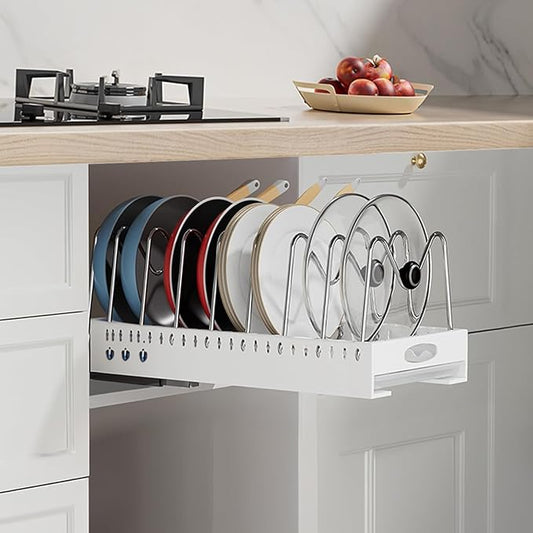 Upgrade Pull Out Pot and Pan Organizer for Under Cabinet Adhesive 7 Adjustable Dividers, Bakeware Organizer Pot Lid Holder Rack for Pots, Cake Molds, Cutting Boards, Mats, Cookware