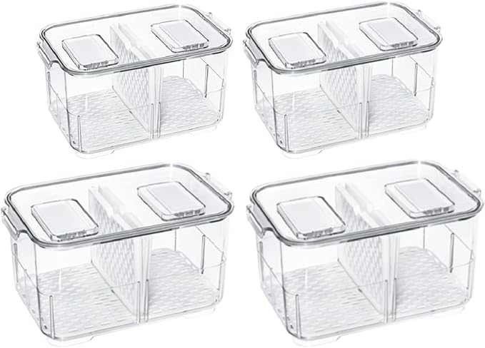 Refrigerator Organizer Bins, Stackable Freezer Lettuce Keeper with Lids and Removable Drain Tray Food Storage Containers for Fridge Freezer Cabinet Kitchen Organization - 4 Pack