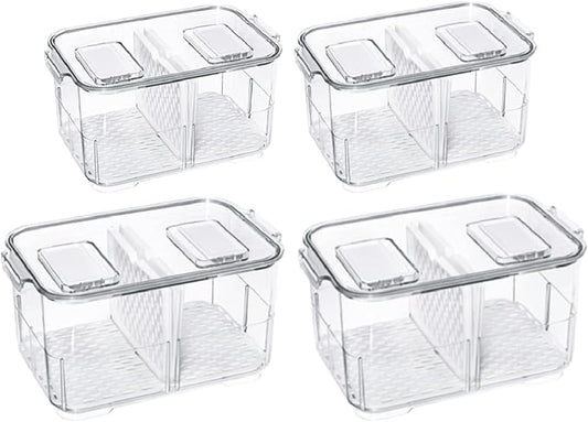 Refrigerator Organizer Bins, Stackable Freezer Lettuce Keeper with Lids and Removable Drain Tray Food Storage Containers for Fridge Freezer Cabinet Kitchen Organization - 4 Pack