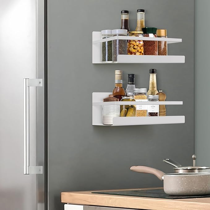 Magnetic Spice Rack for Refrigerator, 2 Pack Magnetic Shelf Fridge Organizer for Spice Jars, Magnet Shelves Seasoning Spice Holder with 4 Hooks for Kitchen White Board Pantry Organizers and Storage