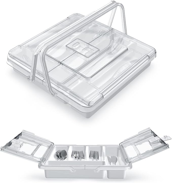 Portable Utensil Holder for Countertop with Lid & Handle, Plastic Silverware Tray for Drawer Flatware Organizer, White