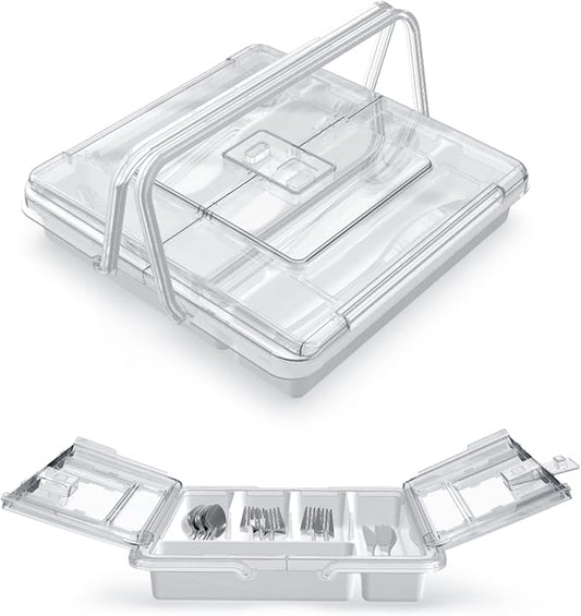 Portable Utensil Holder for Countertop with Lid & Handle, Plastic Silverware Tray for Drawer Flatware Organizer, White