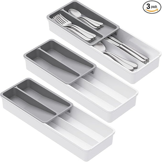 Lifewit Compact Silverware Organizer for Kitchen Drawer, Narrow Flatware Tray Holder, Plastic Cutlery Spoons, Forks and Knives Storage, White&Gray, 3 Pack