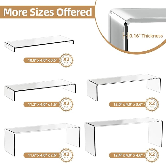 10 Pack Acrylic Spice Rack Organizer for Cabinet(10.8"~12.4"L), 5 Size Seasoning Organization with Non-Slide Silicone Pads, Clear Shelf Riser Storage Can & Cup for Kitchen Countertop, Cupboard, Pantry
