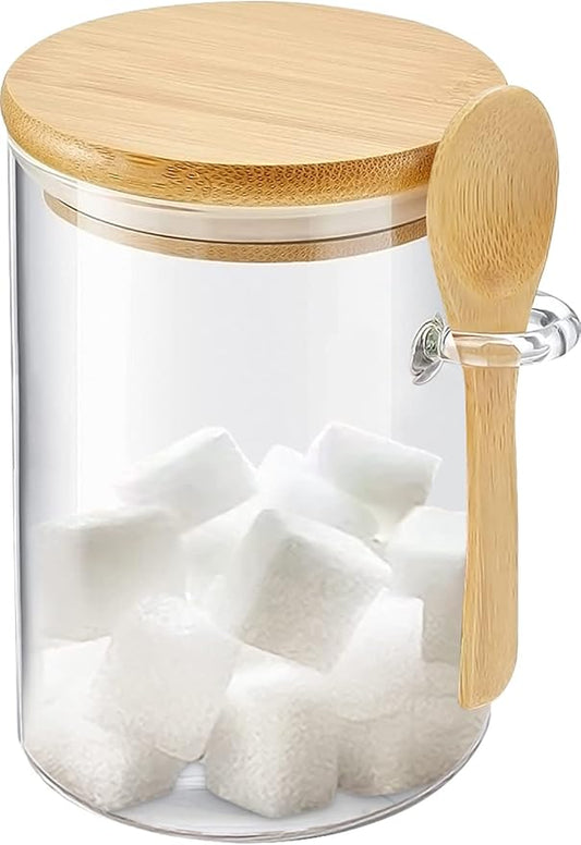 Sugar Jar Glass Salt Container,15 Ounces Clear Airtight Caning with Bamboo Lid and Spoon Scoop, Storage Overnight Oats, Salts, Coffee Bean, Spice, Creamer, Food Organizer, Pack of 1