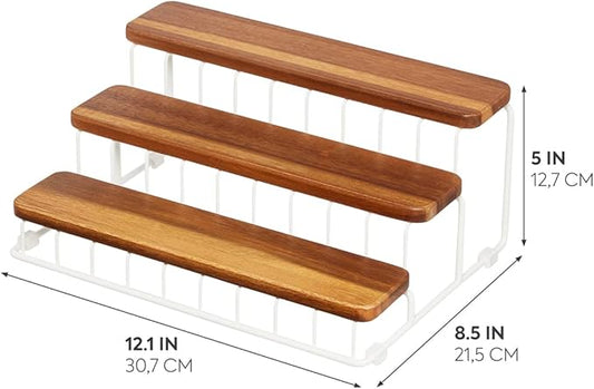 iDesign The Ría Safford Collection Acacia Wood and Wire Three Organizer, 12" x 8.5" x 5", 3 Tier Spice Rack