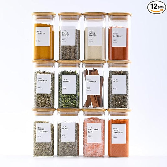 12Pcs Glass Spice Jars with Bamboo Airtight Lids, 10oz Spice Containers with 340 Preprinted Spice Labels of White and Black Color, Empty Seasoning Containers for Spice Salt Sugar Herb