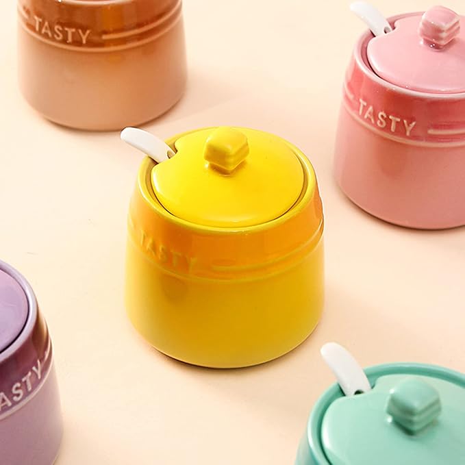 2pcs Salt Cellar Set, Ceramic Salt Cellar With Lid & Spoon,Sugar Bowl,Salt and Pepper Shaker Set Spice Jars for Kitchen Storage(Orange Yellow)