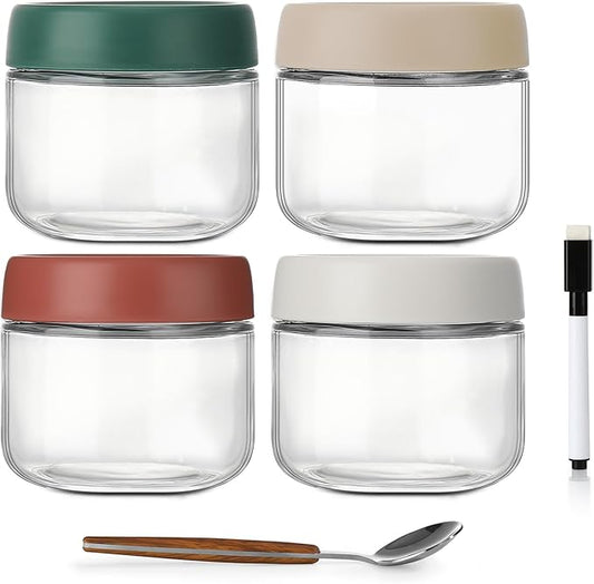 DIMBRAH 10oz Glass Jars with Lids - Set Of 4, Overnight Oats Containers with Lids, Practical Oatmeal Container to Go, Chia Seed Pudding Jars, with Spoon and Marker