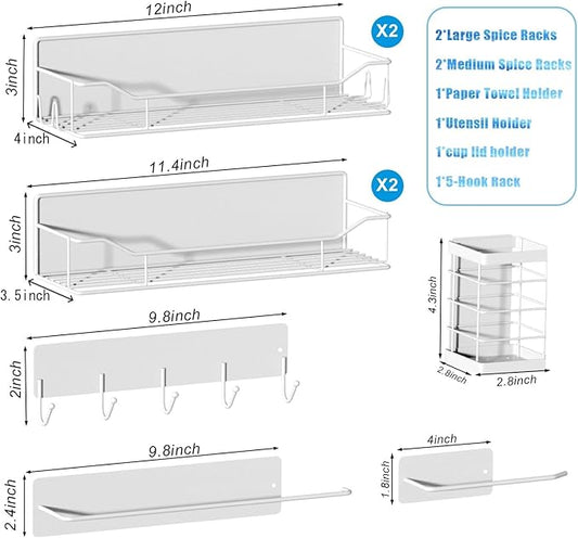 Magnetic Spice Rack for Refrigerator,8 Pack Magnetic Fridge Shelf, Moveable Spice Organizer with Hook Rack, Paper Towel Holder, Utensil Holder,cup lid holder, Super Magnetic Rack Set (White)