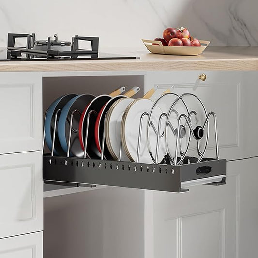 Pan Organizers Inside Cabinet with Drip Tray, 21" Deep Pull out Cabinet Organizer Adhesive, Pot Lids Organizer with Handle Under Cabinet, Slide Out Cookie Sheet organizer with 9 Adjustable Dividers