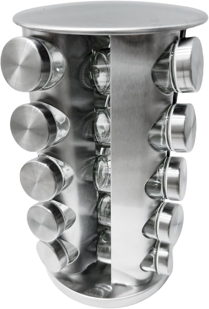 Revolving Spice Rack with 20 Jars, Rotating Spice Rack Organizer with Labels, Polished Stainless Steel with Black Caps, Stainless Steel Spice Carousel for Kitchen Countertop, Cabinet